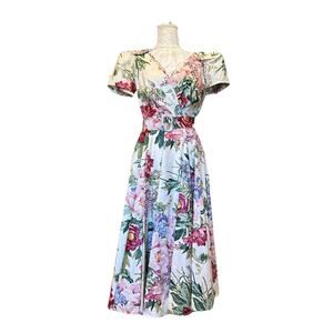 Vintage 80s Floral Tea Dress White Pink Belted Midi Womens Sz 6 Cottagecore Chic